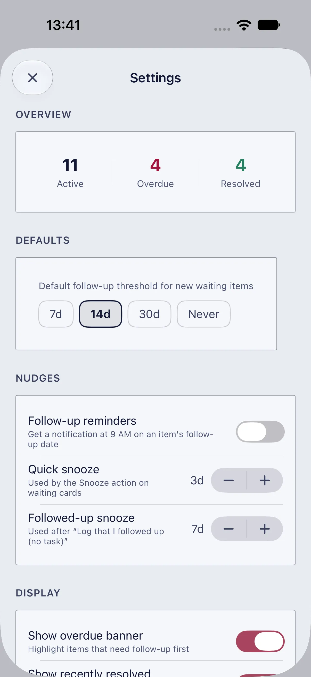 Waiting’s Settings, with the Active, Overdue and Resolved counts, the 14-day default, and “Follow-up reminders” off.