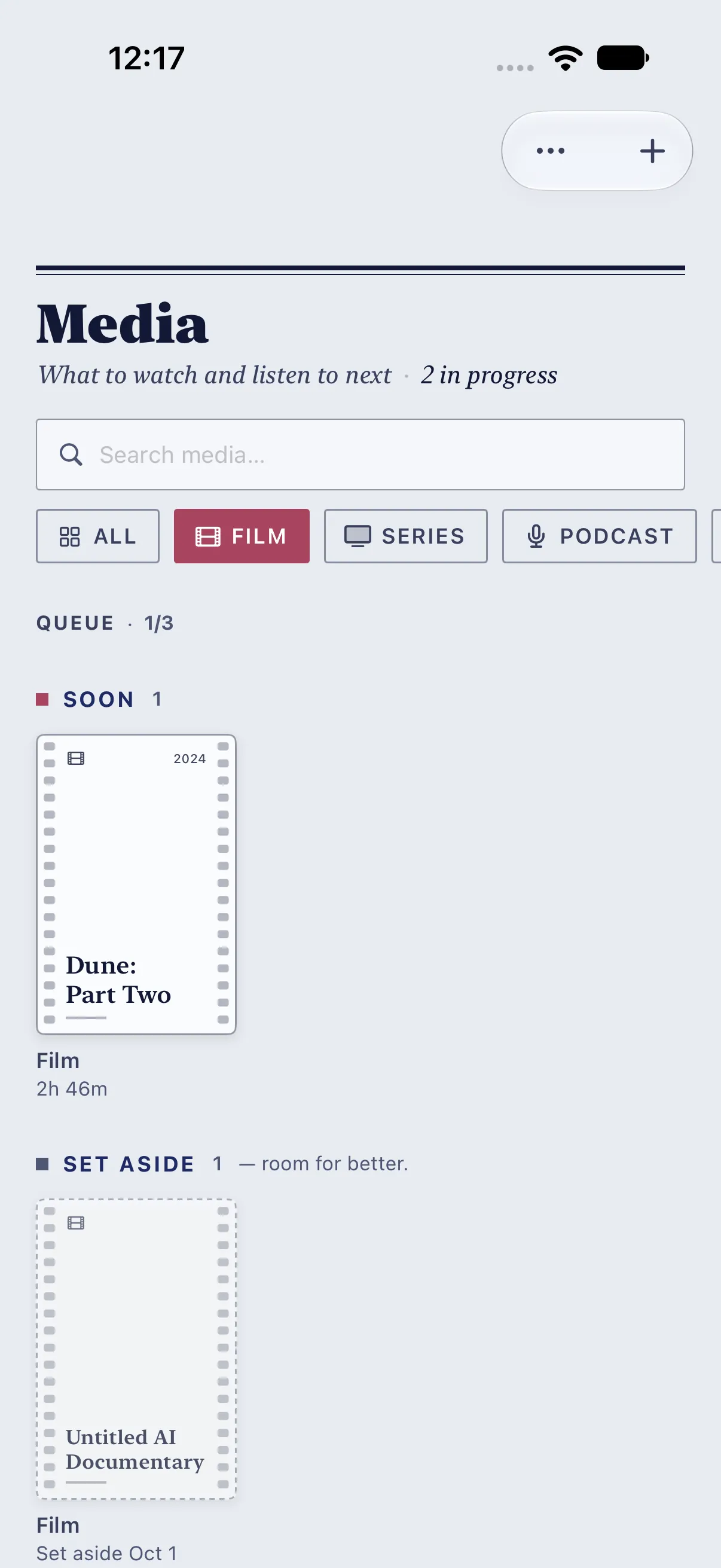HourLife Media: The “Film” chip on, the queue reading “1/3”, and a film under “Set Aside”.
