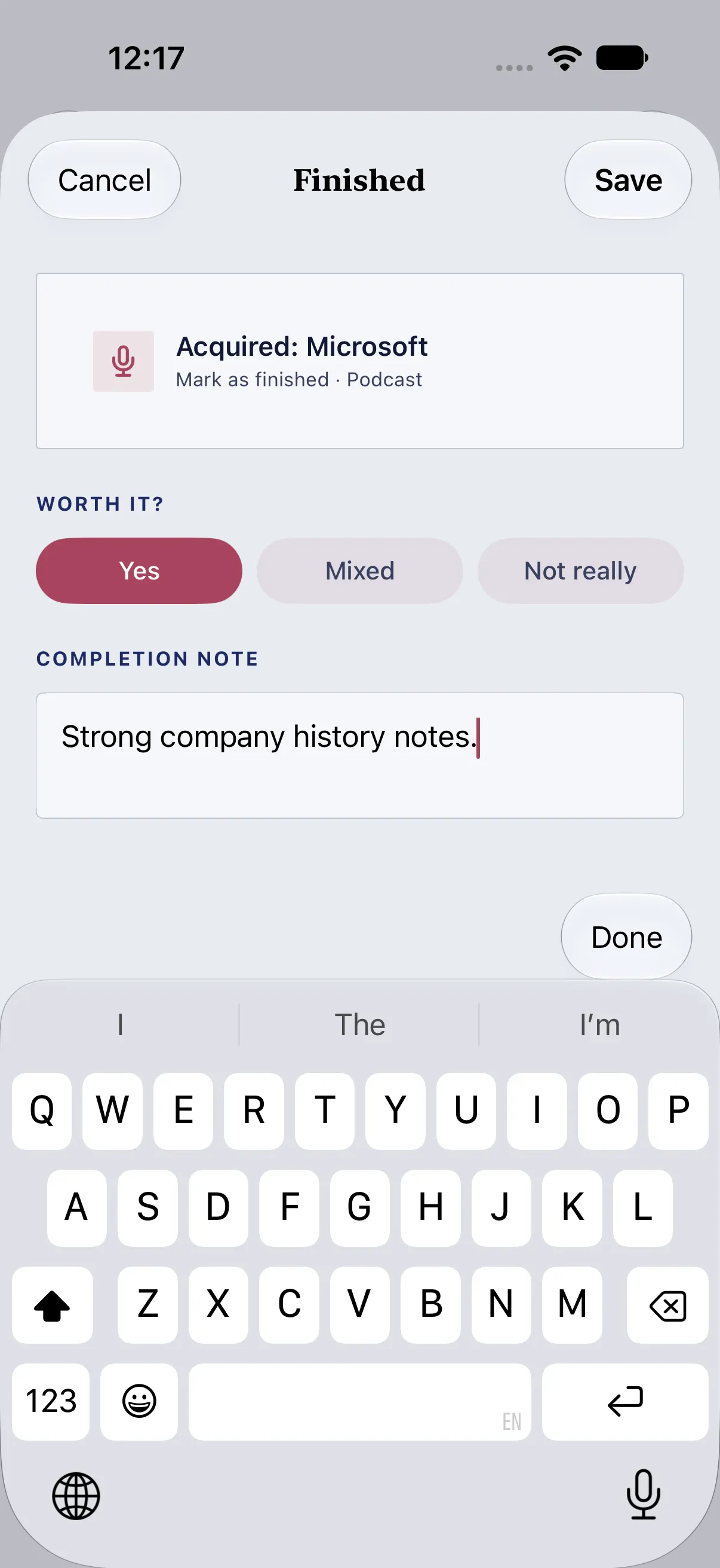 HourLife Media: The “Finished” sheet for a podcast, with “Yes” under “WORTH IT?” and a one-line completion note.