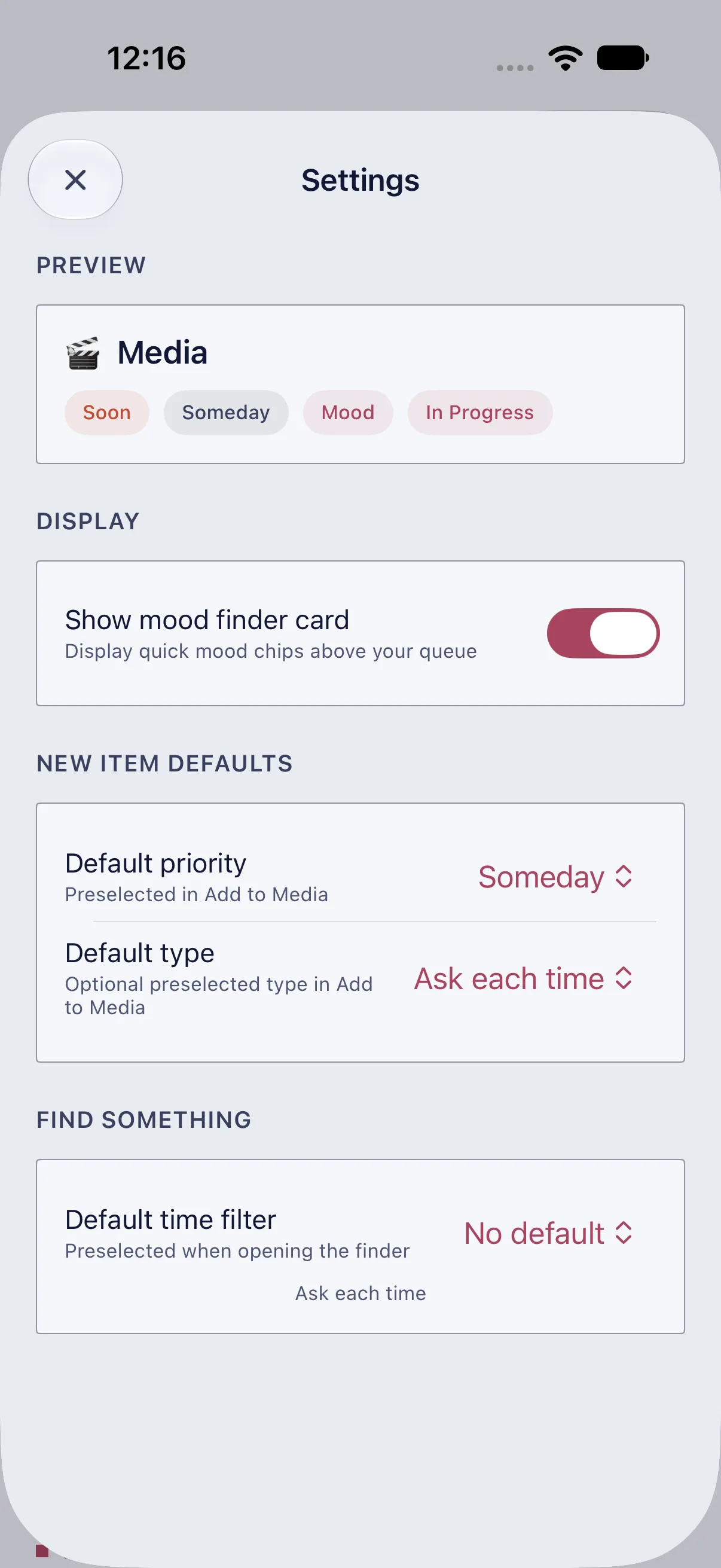 HourLife Media: The mood finder row, the defaults for new items, and the finder’s default time.