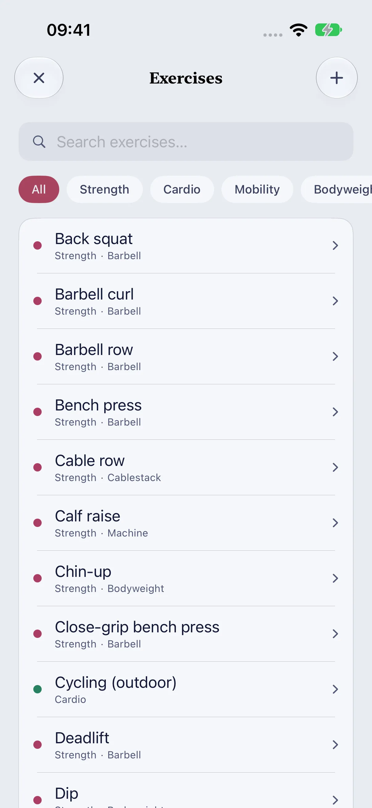 HourLife Workouts: The Exercises list with search and category filters, showing built-in exercises with their category and equipment.