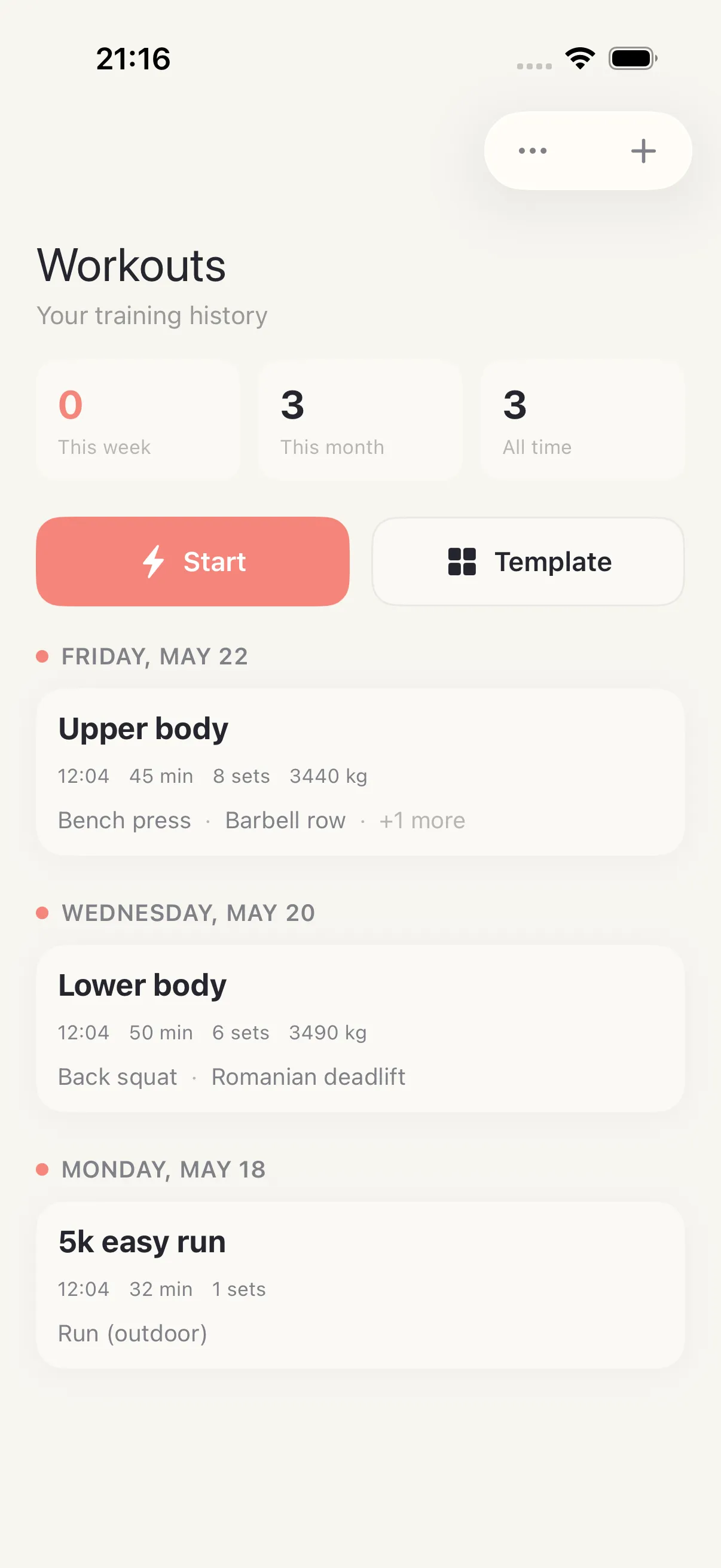 Workout Log screen in HourLife