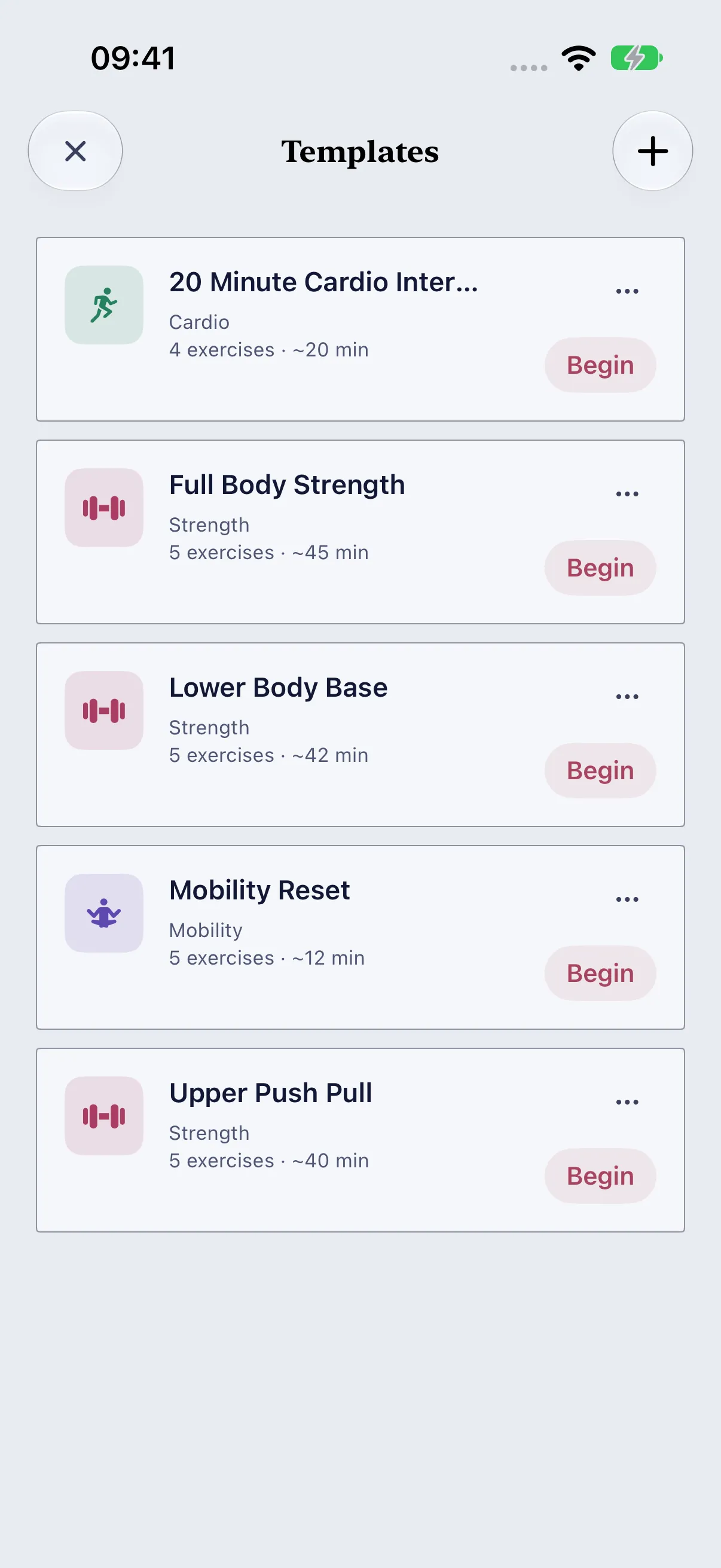 HourLife Workouts: The five starter templates, each with its category, exercise count, estimated minutes and a “Begin” button.