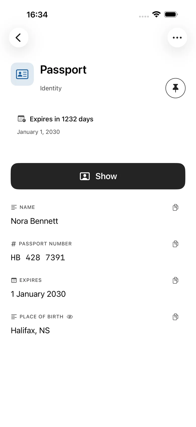 A card with labelled fields, ready to show