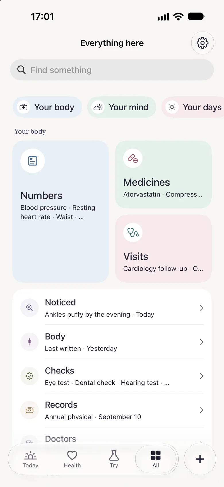Tend's Everything here index: search, then every part of the app by name, each row saying what is behind it