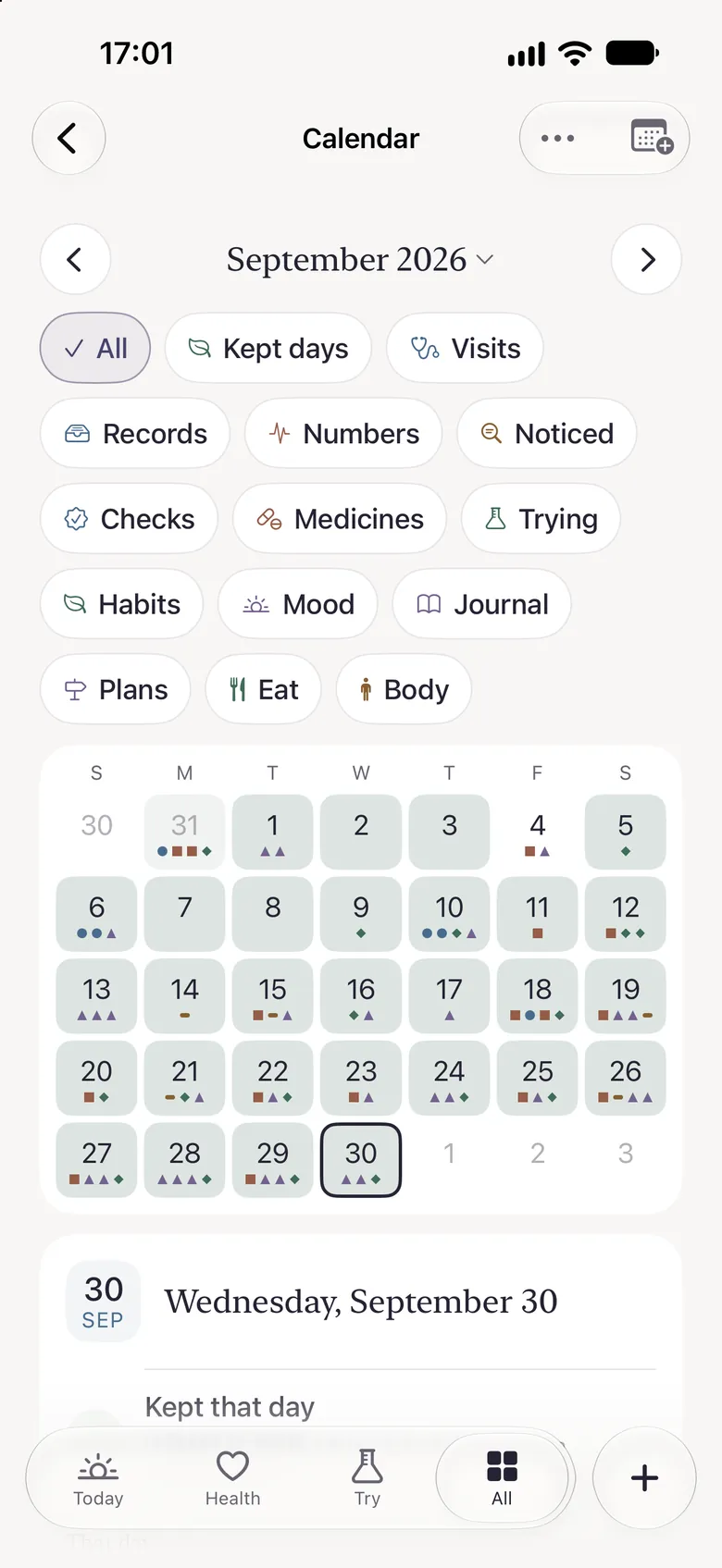 Tend's Calendar: September with marks on each day for what was kept, filters by kind, and the chosen day's page beneath
