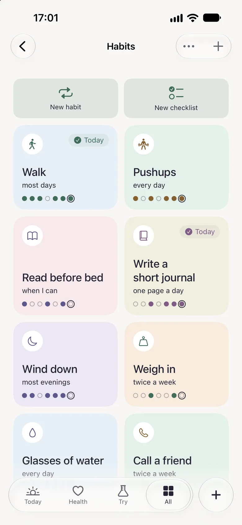 Tend's Habits page: walks, reading and glasses of water, each with a row of dots for recent days and no streak count