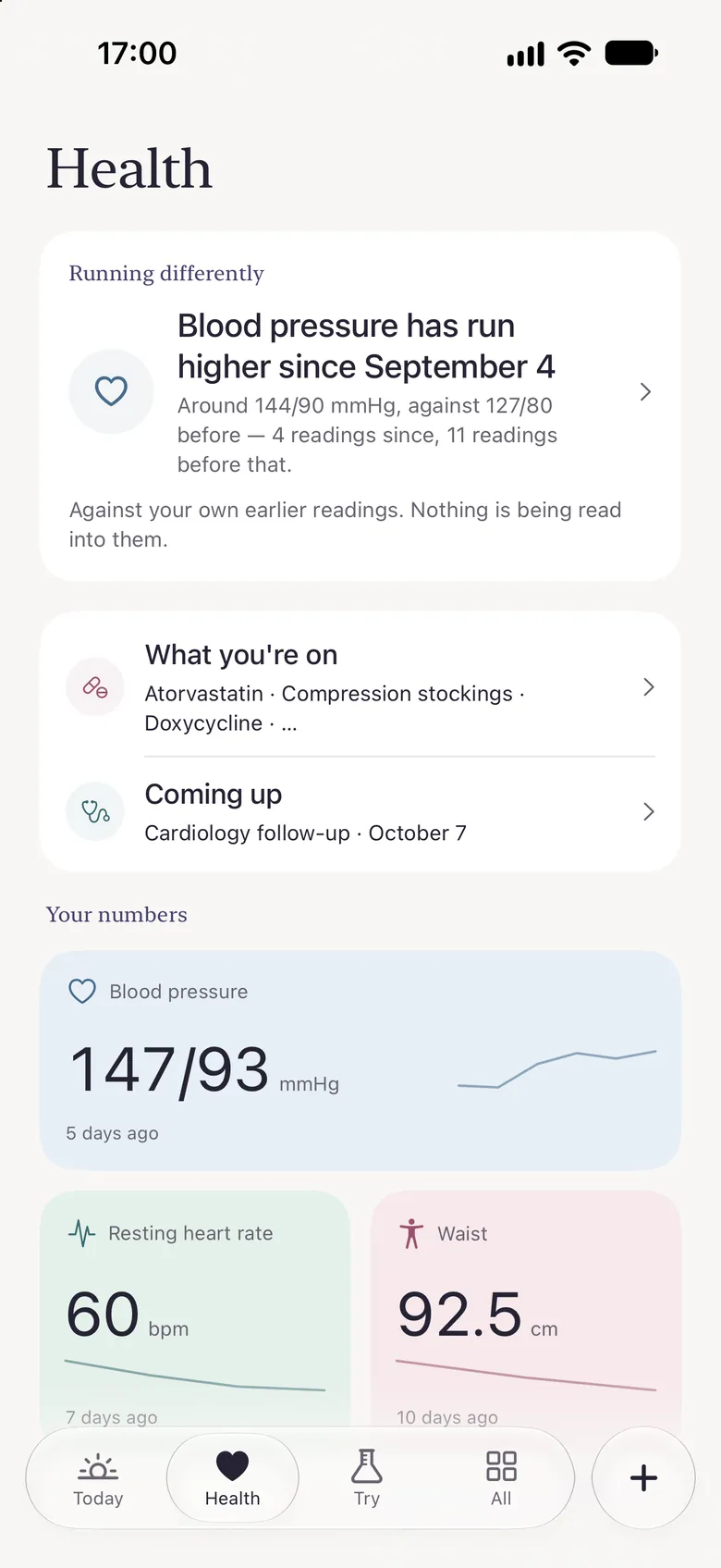 Tend's Health page: a note that blood pressure has run higher than your own earlier readings, what you are on, the next visit, and your numbers with their history