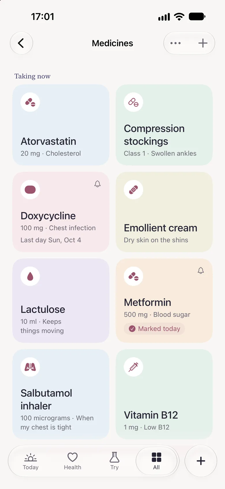 Tend's Medicines page: the medicines being taken now, each with its dose and what it is for