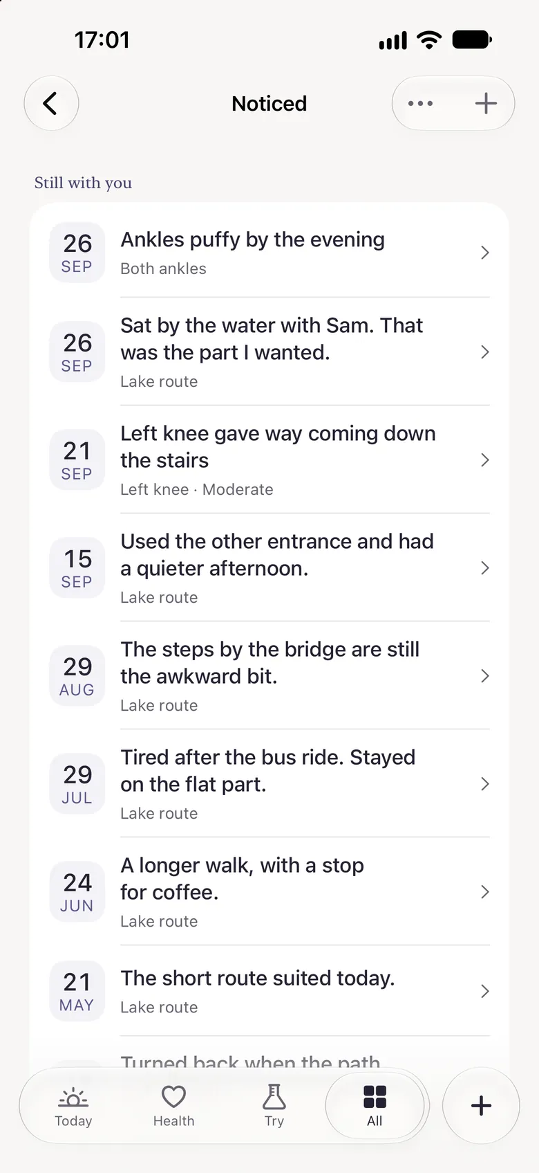 Tend's Noticed page: short dated notes in plain words, such as ankles puffy by the evening, and a knee that gave way on the stairs