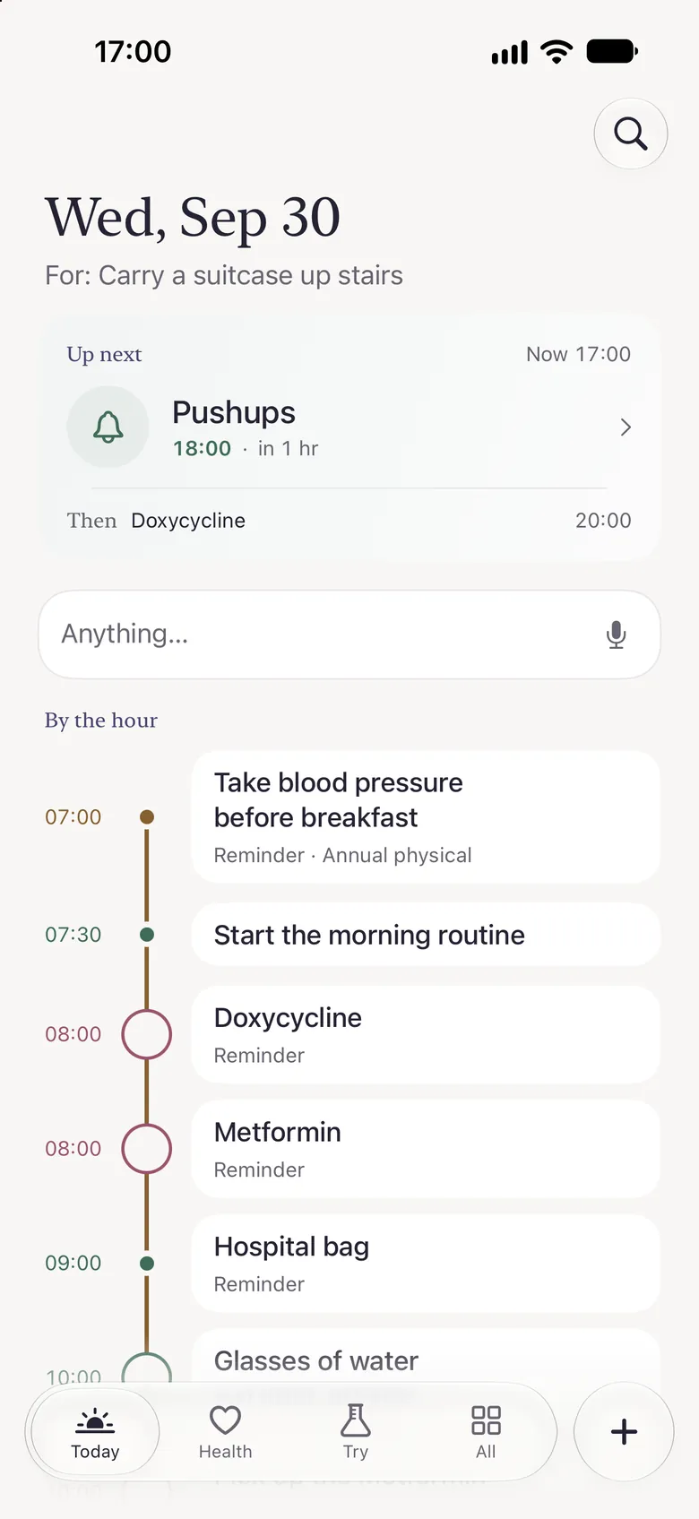 Tend's Today page at its usual size: the date, what is up next, a line to write on, and the day's reminders by the hour