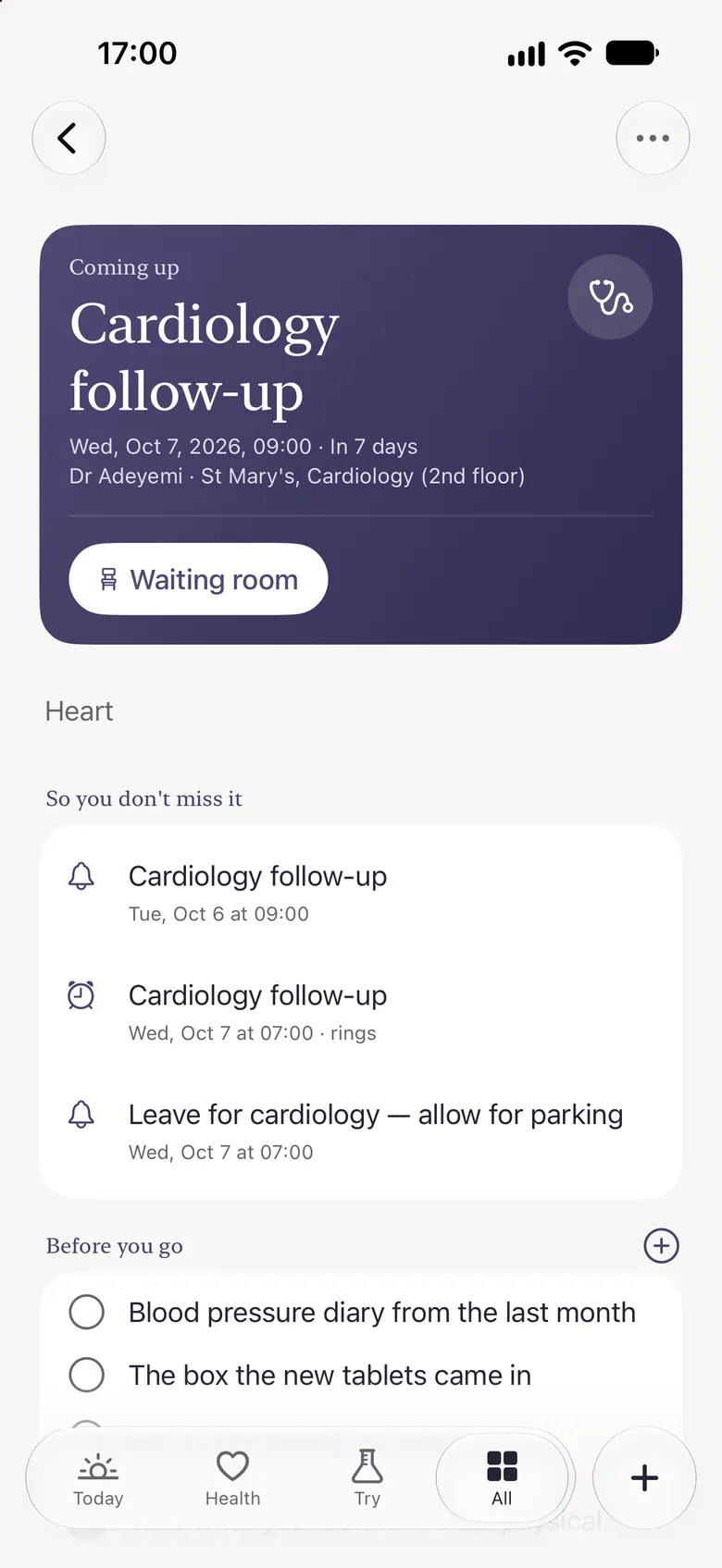A coming cardiology follow-up in Tend: the date, doctor and place, its reminders, and a checklist of what to bring