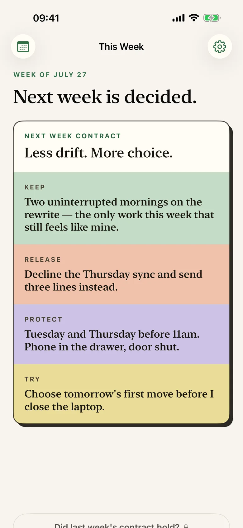 The Next Week Contract with its four decisions